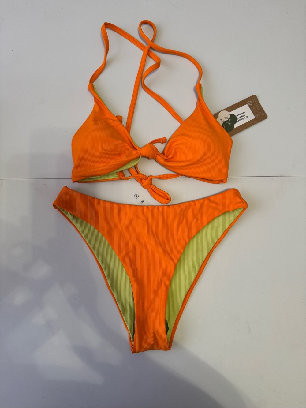 Orange Tie-Front Ribbed Bikini Set